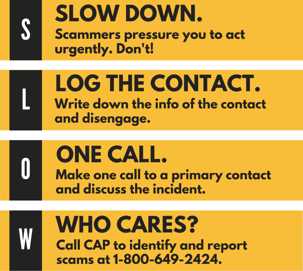 Slow Down: Scammers pressure you to act urgently. Don't! Log the Contact: Write down the info of the contact and disengage. One Call: Make one call to a primary contact and discuss the incident. Who Cares? Call CAP to identify and report scams at 1-800-649-2424.
