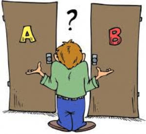 Person in front of doors A and B with a question mark overhead