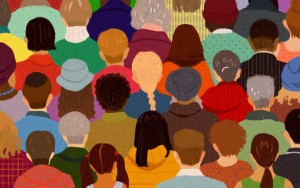 Painting of diverse people from behind their heads
