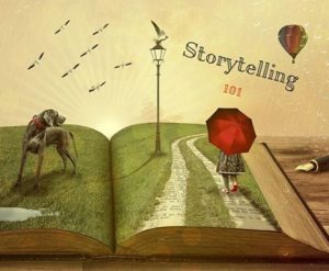 Book open, displaying word storytelling 