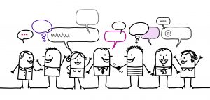 drawing of people meeting and talking
