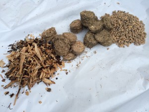 A variety of fuels can be burned in an automated biomass boiler equipped with improved ash removal and adjustable air controls. Shown here (R to L) are wood chips, grass and ag biomass pucks and wood pellets.
