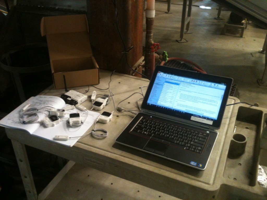 The items to the left of the laptop are the remote data logging system.  Each of the five sensors can measure temperature and relative humidity over a wide range and report it back to the base station which uploads it to a website for review.  Alarms can be set to alert users if conditions exceed high or low limits.