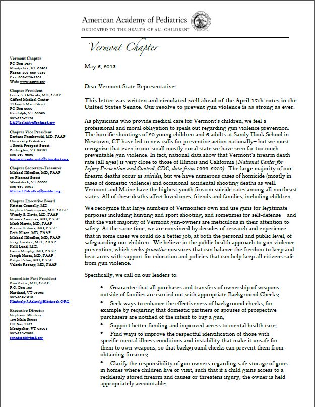 Vermont Pediatricians Call for Action on Gun Violence