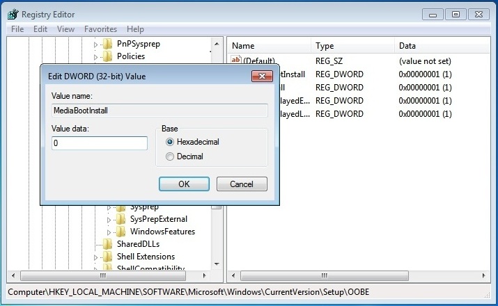 Change 1 to 0 in OOBE edit