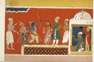 Rama Breaks The Bow, from a Ramayana manuscript (Bala Kanda).