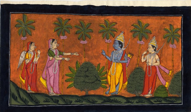 Surpanakha offering marriage to Rama and Laksmana. 1800-1805. Pune District, Maharashtra, India.