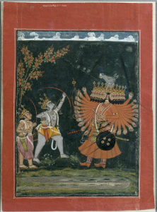 Standard depiction of Rama and Ravana's divinely antagonistic relationship.