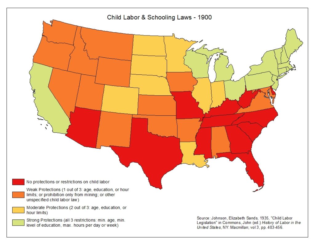 Map of 48 US states in 1900 showing levels of protection of children (labor laws and compulsory schooling).