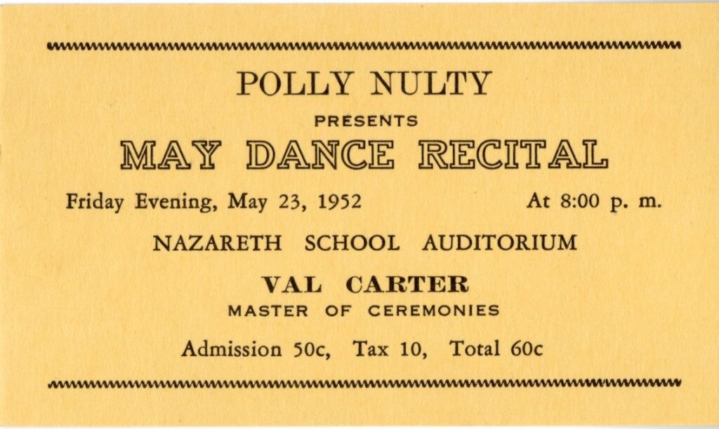 Ticket for Nulty's May Dance Recital, 1952.