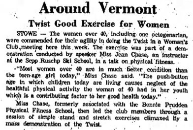 Newspaper article that details a meeting of a women's club in Stowe in which a ski instructor demonstrated and recommended twisting for agility training. Attendees were over age 40, including one octogenarian.