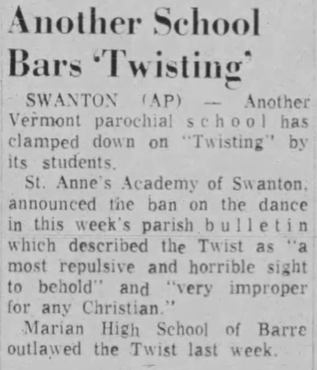 Newspaper article announcing that St. Anne's Academy banned the dance, describing it as "a most repulsive and horrible sight to behold" and "very improper for any Christian."