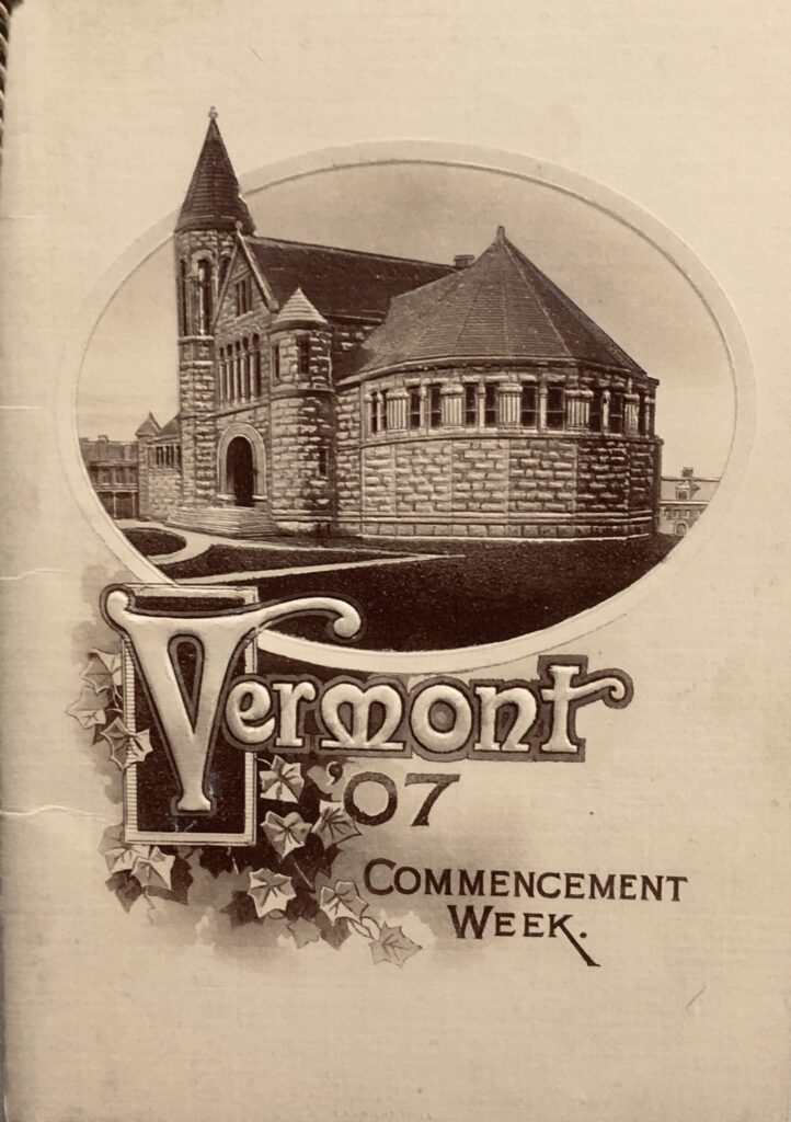 Front cover of the 1907 UVM Senior Prom dance card showing exterior view of Billings Library.
