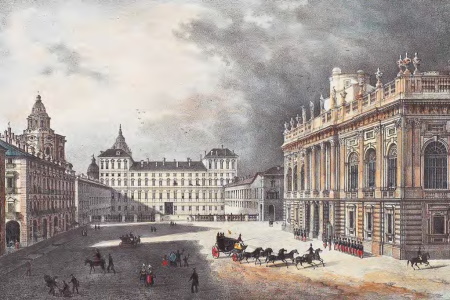 The Piazza di Castello, with pedestrians and horse-drawn carriages, surrounded by buildings, including the Baroque Palazzo Reale and the Palazzo Madama.