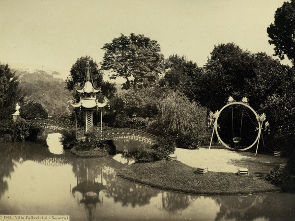 Chinese pagoda , pond and bridge in the Pallavicini gardens.