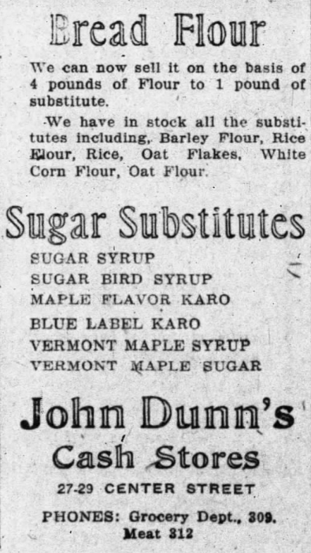 Newspaper advertisement for substitute flours and sugar substitutes for sale at John Dunn's cash stores.