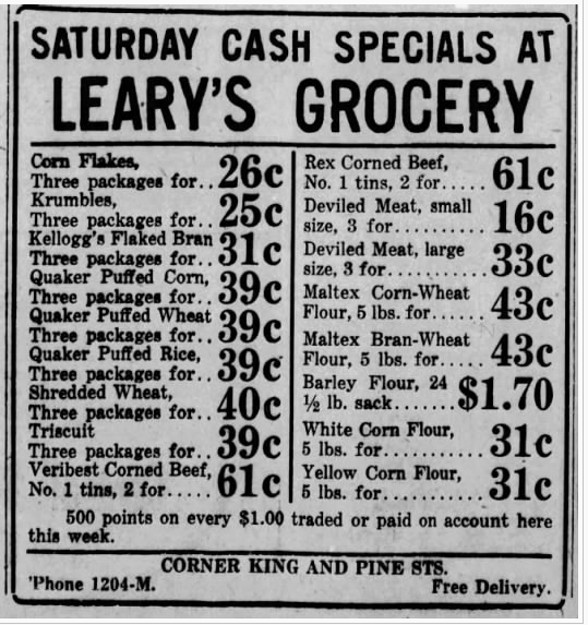 Newspaper advertisement for Saturday Cash Special's at Leary's Grocery, including cereals, meat, and different kinds of flour.