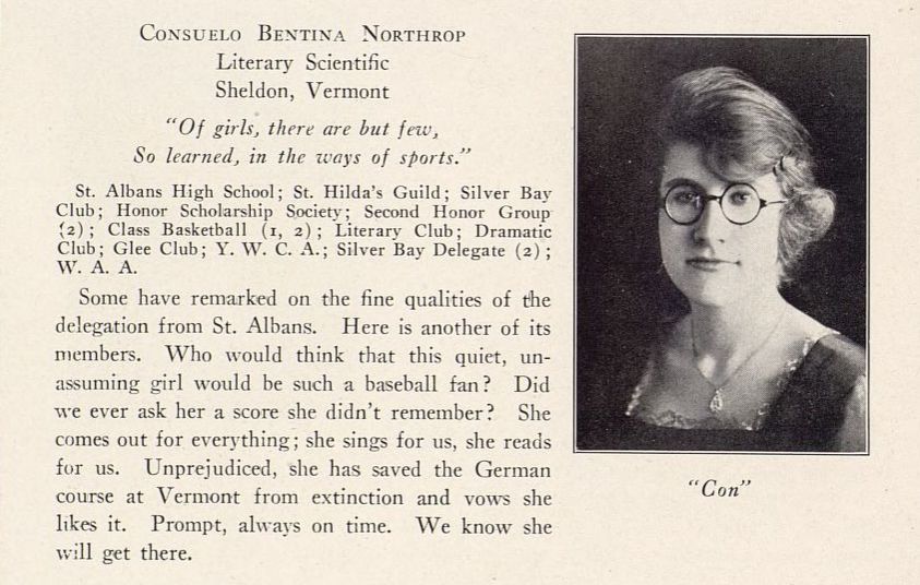 A portrait of Consuelo Bentina Northrop from the 1921 UVM yearbook including a short list of her extracurricular activities and interests, emphasizing athletics