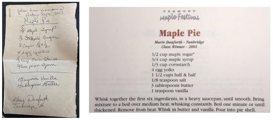 Handwritten maple pie recipe on the right and a published version on the left.
