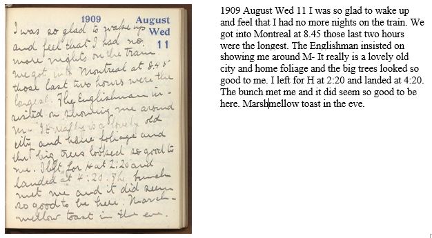 On the left, a handwritten diary entry for August 11, 1909. On the right, transcription of the diary page.