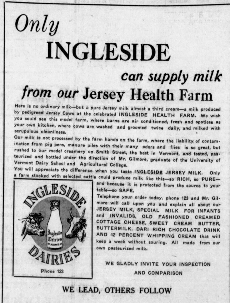 Newspaper advertisement for Ingleside Dairies, promoting the model creamery practices directed by Dairy School graduate Mr. Gilmore. 