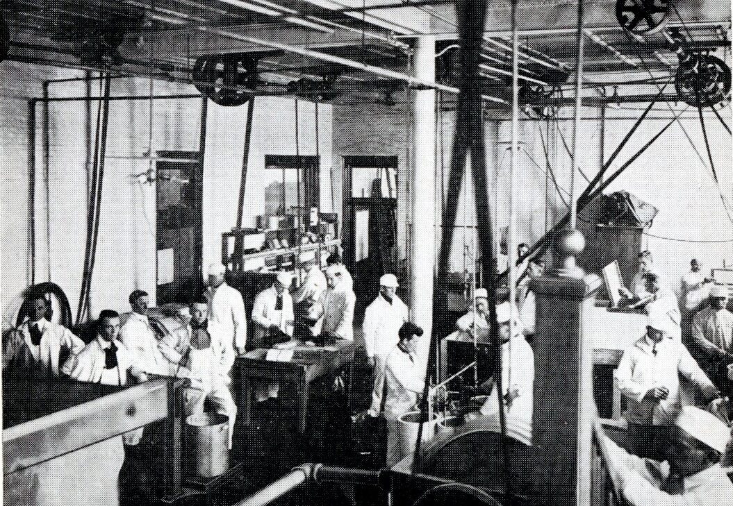 Photo of dairy school students working in a laboratory with an elaborate pulley system on the ceiling.