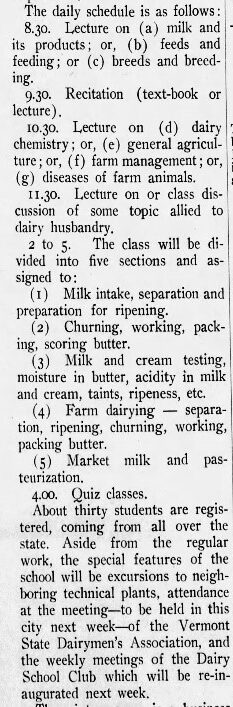 Newspaper article lists the daily schedule for the dairy school.