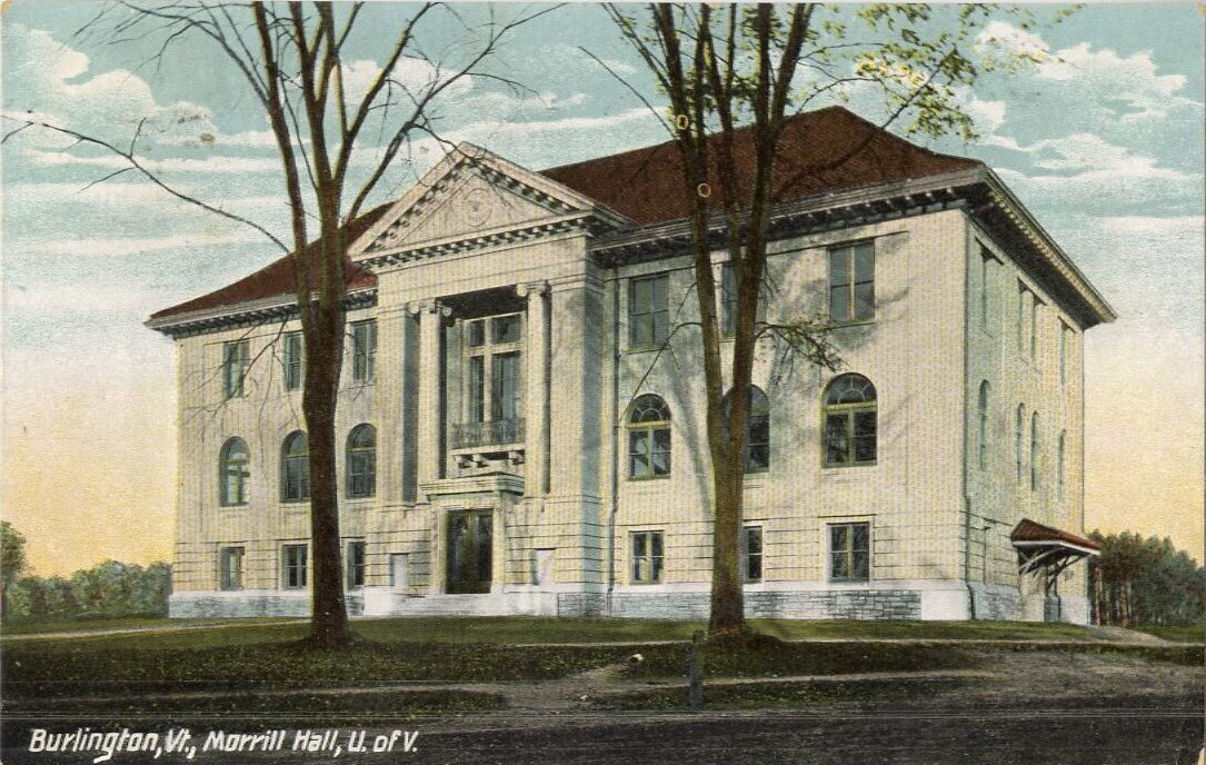 Color postcards shows the front facade of Morrill Hall.