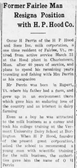 Portion of newspaper article about O. H. Perring, a Dairy School graduate and 40-year employee of H. P. Hood.