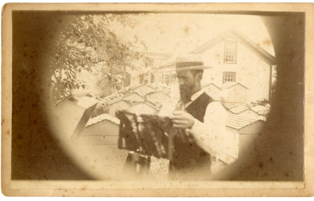 A man in a summer straw hat stands in front of bee hives inspecting a frame from a hive. There is a farmhouse in the background.