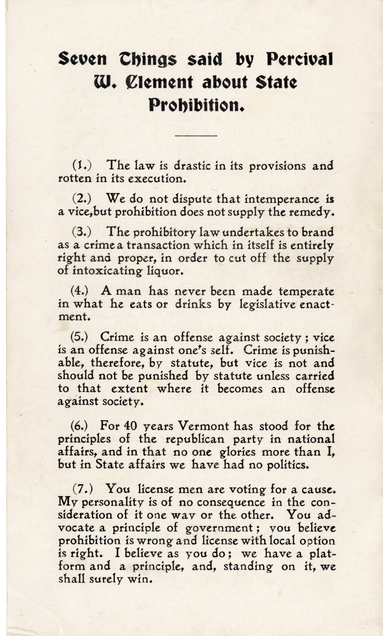 Back cover of a campaign brochure with a list of seven things Percival W. Clement said about State Prohibition.