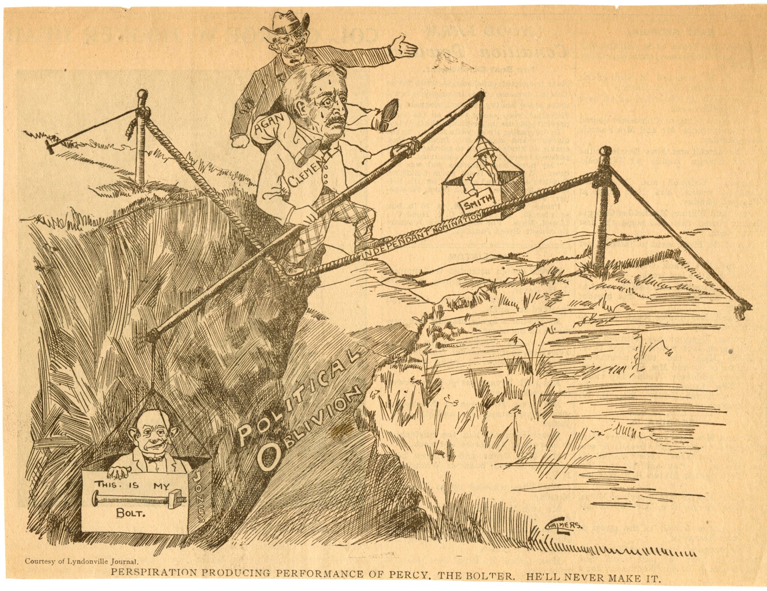 Cartoon shows Percival Clement trying to cross a gully on a breaking tight rope, about to plunge into "political oblivion."