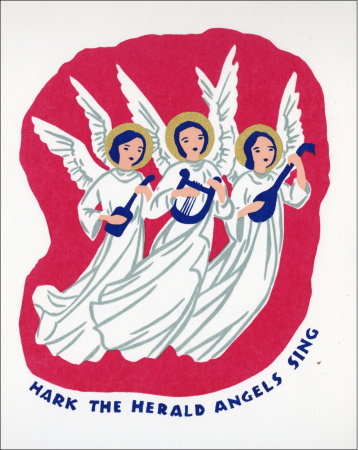 "Hark the Herald Angels Sing" Christmas card show three angels with musical instruments on a red background.