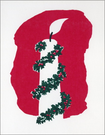 Christmas card featuring a white candle wrapped in green holly and red berries on a red background.