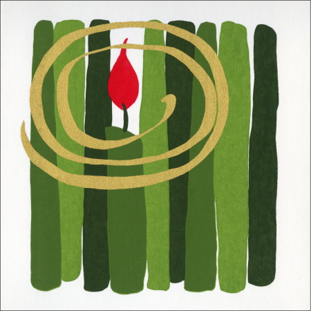 Christmas card featuring green candles, one with an orange flame and a gold halo.