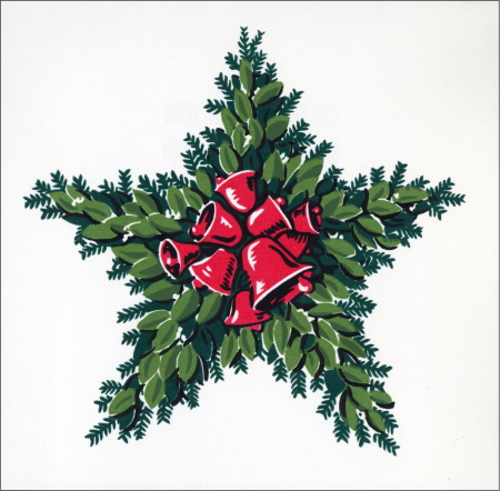 Christmas card featuring a star made of evergreens and decorated with a cluster of red bells.