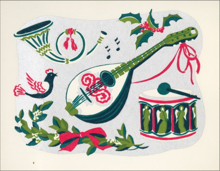 Christmas card featuring a horn, a drum and a lute with holly and mistletoe.