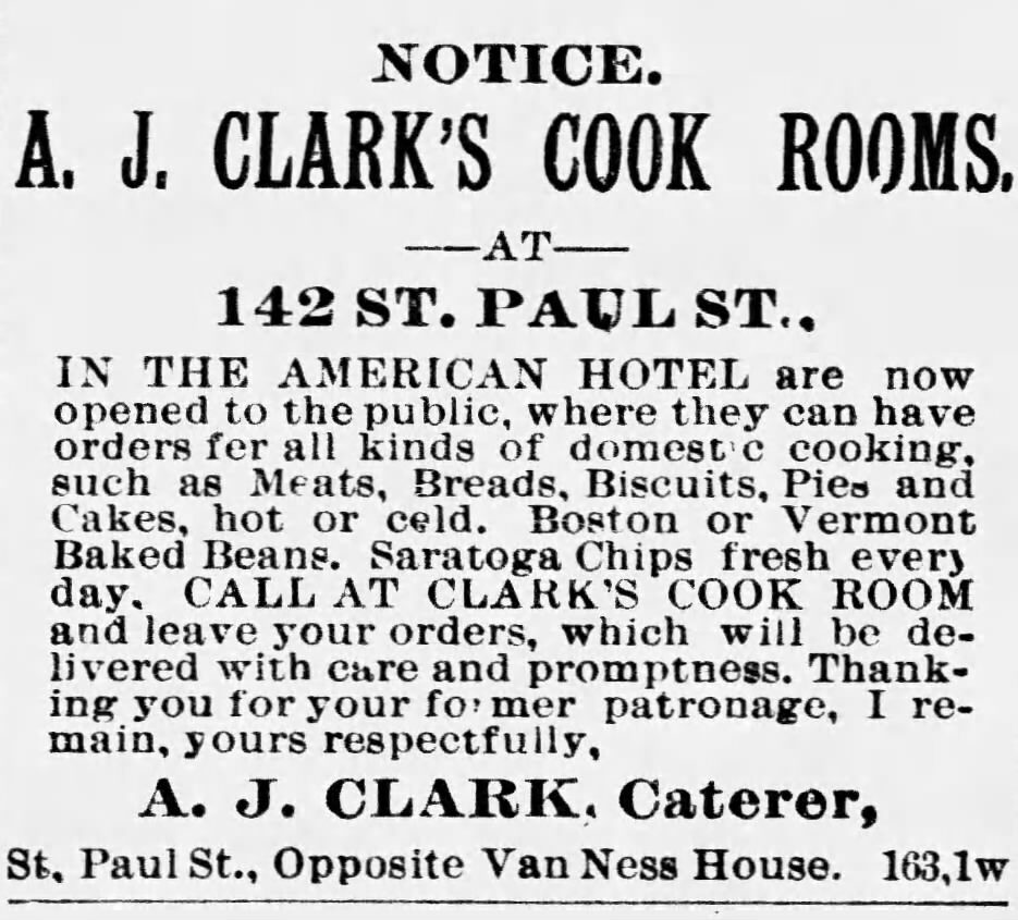1887 newspaper advertisement for A. J. Clark's cook rooms at 142 St. Paul, listing the various foods that could be ordered.