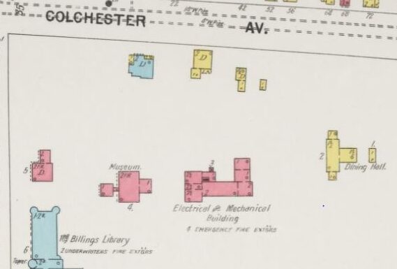 Map of a portion of the UVM campus and Colchester Avenue in 1900 showing the location and footprint of Commons Hall.