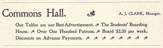 Advertisement for Commons Hall, A. J. Clark, Manager.