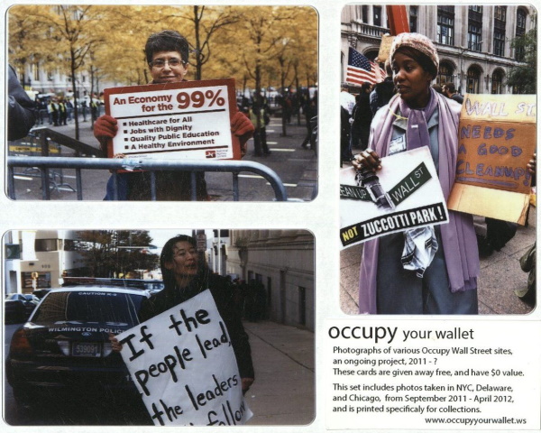 Image shows three photographs on credit card blanks of protestors at Occupy Wall Street protests.