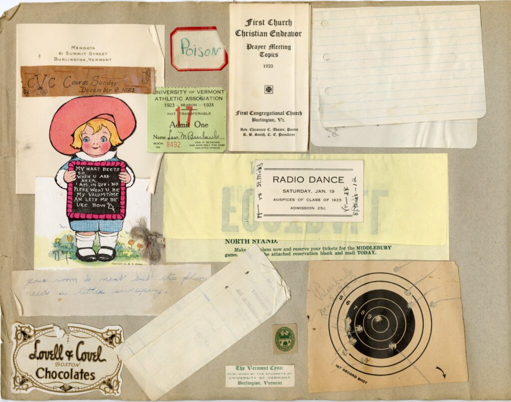 Memorabilia and ephemera pasted to a page from a memory book, including a dance tocket, a valentine, a candy label, a bull's eye, and a list of prayer topics.