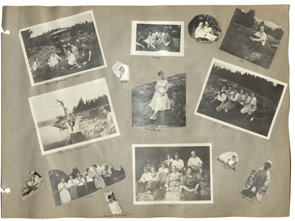 Photographs of friends, mostly young women, pasted on a memory book page with descriptive notes about events, names and dates.