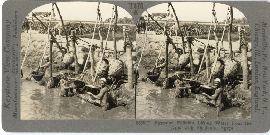 Two photographs mounted side by side on a gray card showing rural Egyptian farmers using well sweeps to lift water from the Nile River.