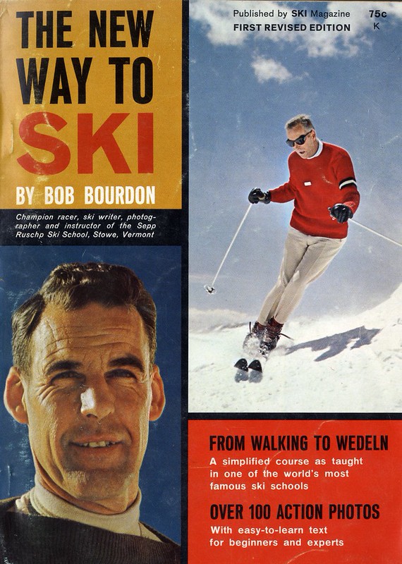 Cover of the book "The New Way to Ski," showing a photograph of author Bob Bourdan and a photograph of a man skiing down a snowy slope.