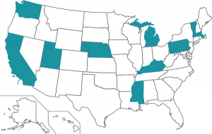 Map ofthe US highlighting the following states: VT, MA, PA, TN, AL, MI, NE, UT, WA & CA