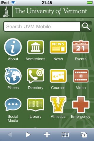A look at the UVM mobile site on an iPod Touch.