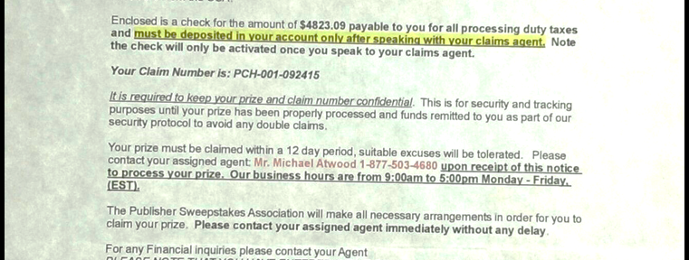 Sweepstakes Scam example