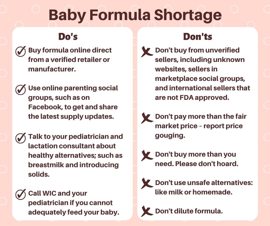 Do: Buy formula online direct from a verified retailer or manufacturer. Do: Use online parenting social groups, such as on Facebook, to get and share the latest supply updates. Do: Talk to your pediatrician and lactation consultant about healthy alternatives; such as breastmilk and introducing solids. Do: Call WIC and your pediatrician if you cannot adequately feed your baby. Don't: Buy from unverified sellers, including unknown websites, sellers in marketplace social groups, and international sellers that are not FDA approved. Don't: Pay more than the fair market price - report price gouging. Don't: Buy more than you need. Don't hoard. Don't: Use unsafe alternatives: like milk or homemade formula. Don't: dilute formula. 