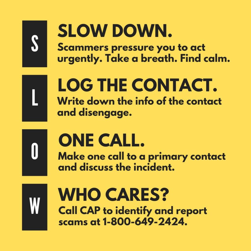 Slow down! Log the Contact. Make One Call to a primary contact. Who cares? Reach out to CAP at 1-800-649-2424.